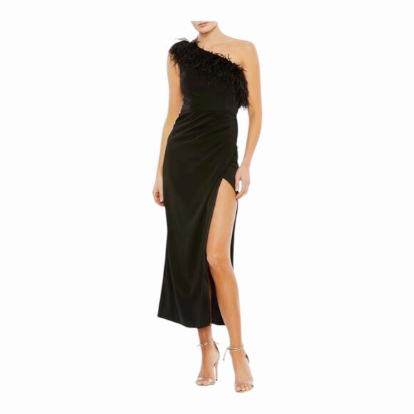Mac Duggal 68147 One Shoulder Draped Length Dress Feather Trim Black Size 10 NWT - Picture 2 of 16